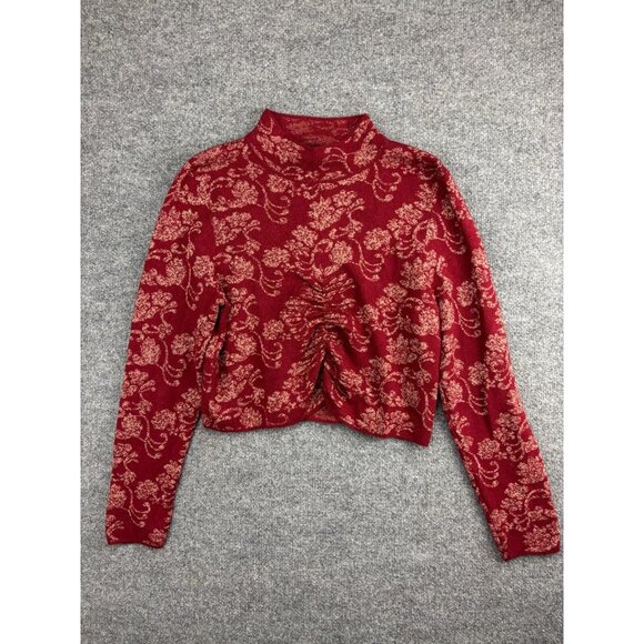 Anthropologie Sweaters - Anthropologie Sweater Women's XL Red & Gold Sparkle Floral Ruched Long Sleeve